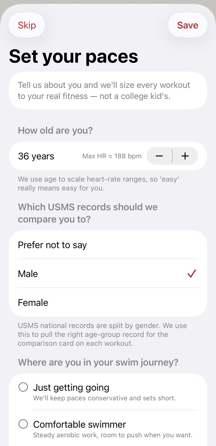 The Morning Lap onboarding — age, gender, and coach-built ability tier set the pace baseline.
