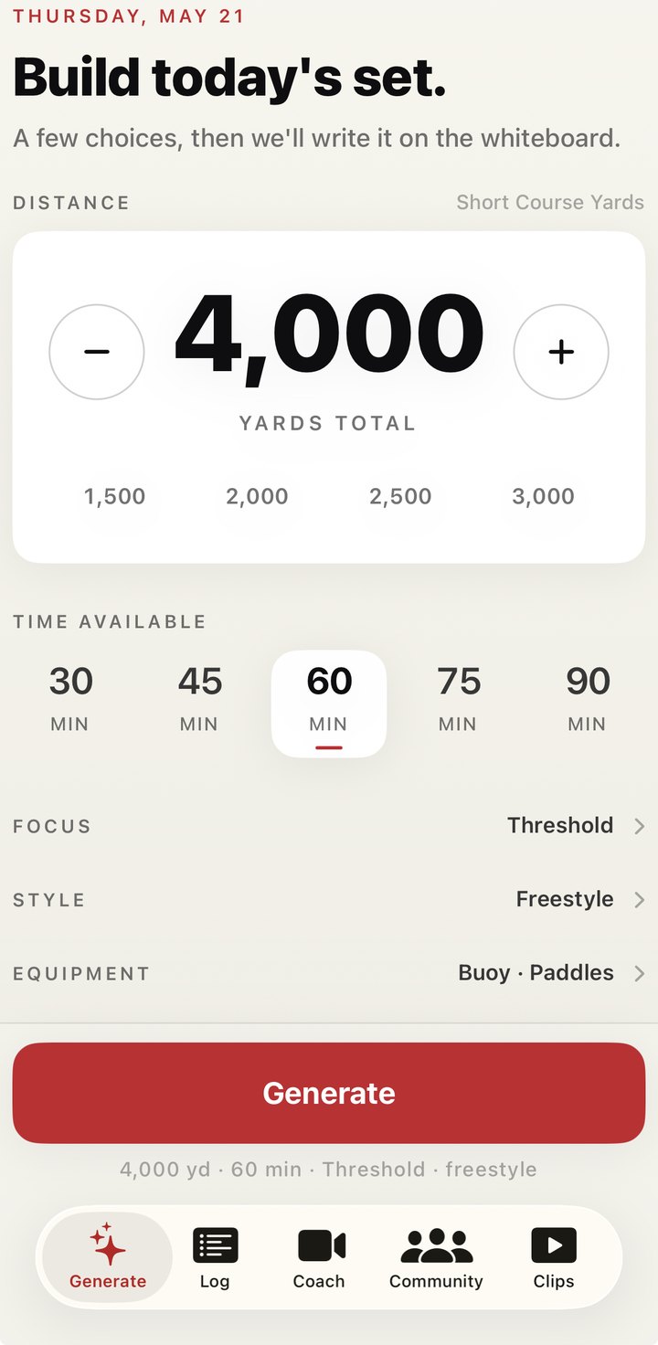 Generate screen — distance picker, time available, focus, style, and equipment selectors for today's session.
