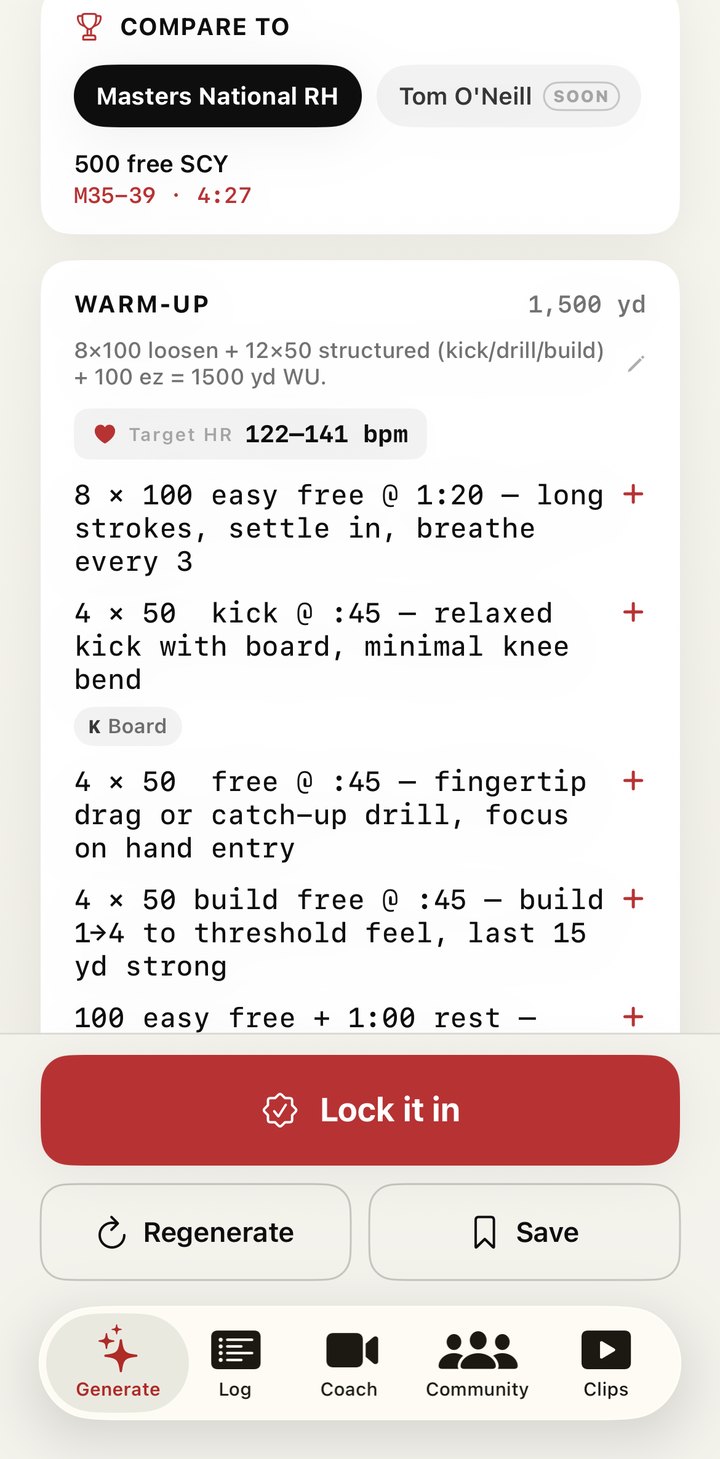 COMPARE TO card with the M35-39 masters national record, followed by a 1,500-yard warm-up with kick, drill, and build phases.